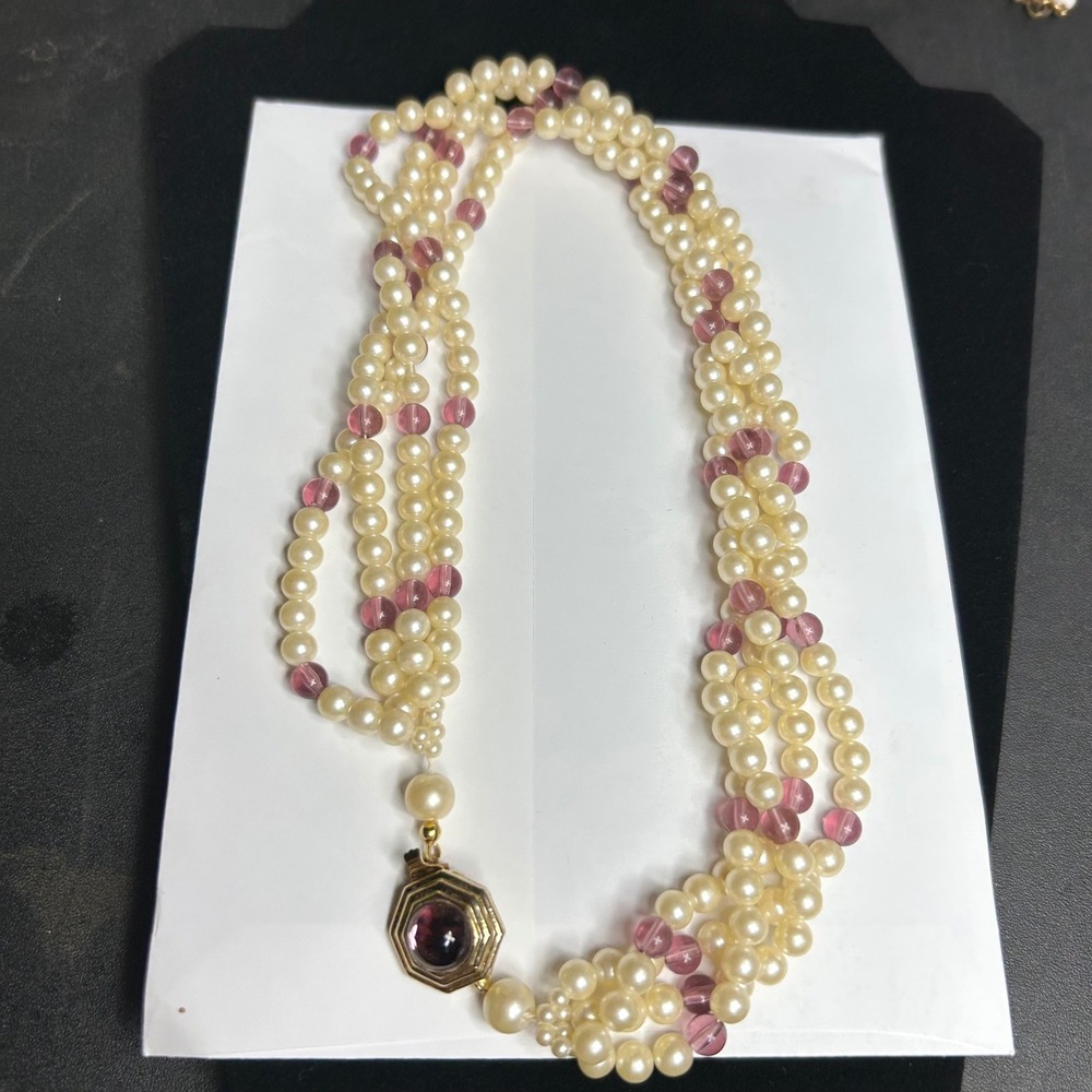 Vintage Multi Strand Faux Pearl Necklace Purple Glass Bead Gold Octagon Clasp